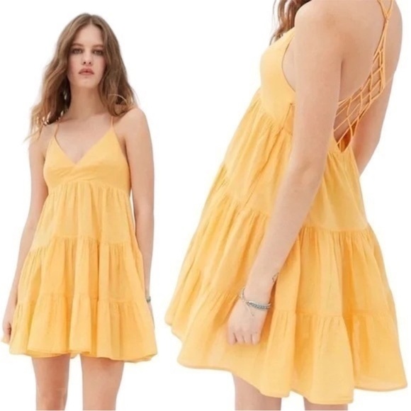 Urban Outfitters UO Yellow Cotton fieldstone tiered mini dress V Neck size S - Picture 2 of 16
